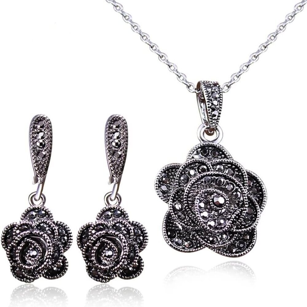 Vintage Black Crystal Geometric Rose Flower Necklace Earrings Jewelry Set - Picture 7 of 7